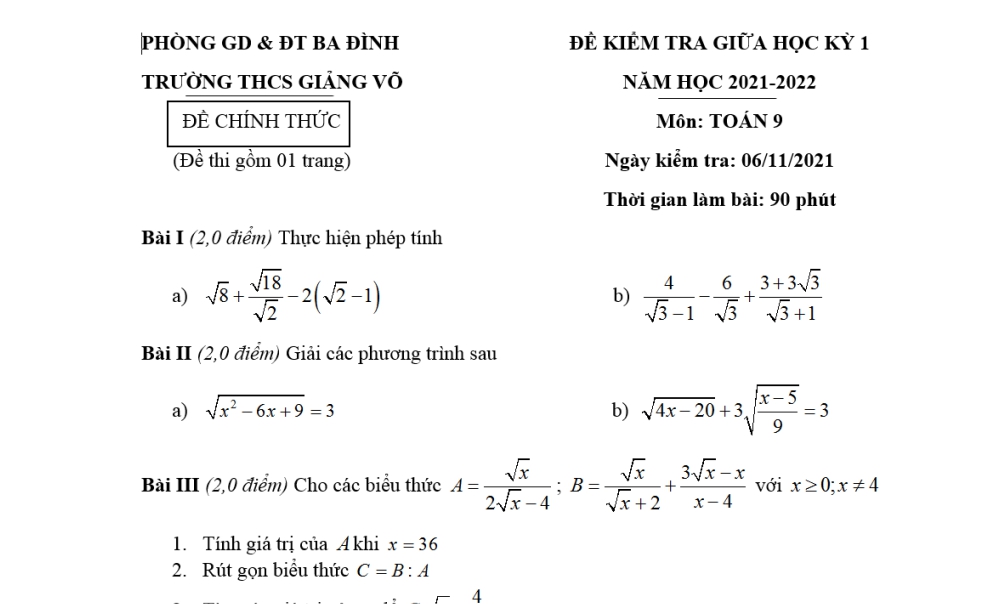 Toán 9: Đề kiểm tra giữa học kỳ 1. Trường THCS Giảng Võ năm học 2021-2022